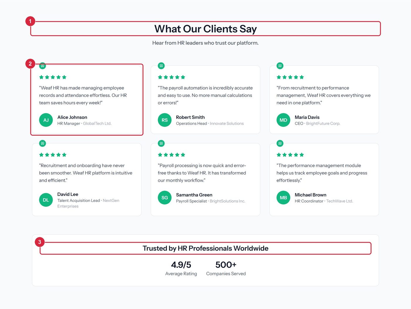 The testimonials section