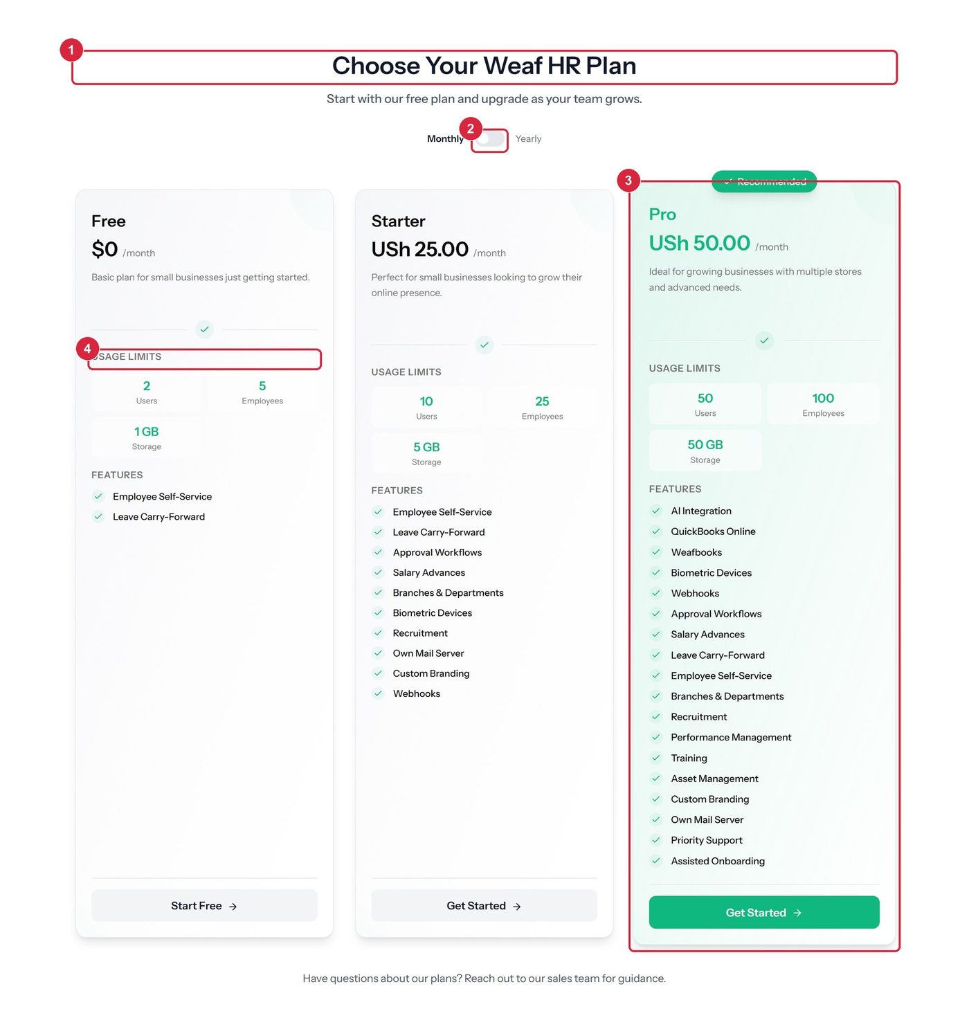 The pricing plans section