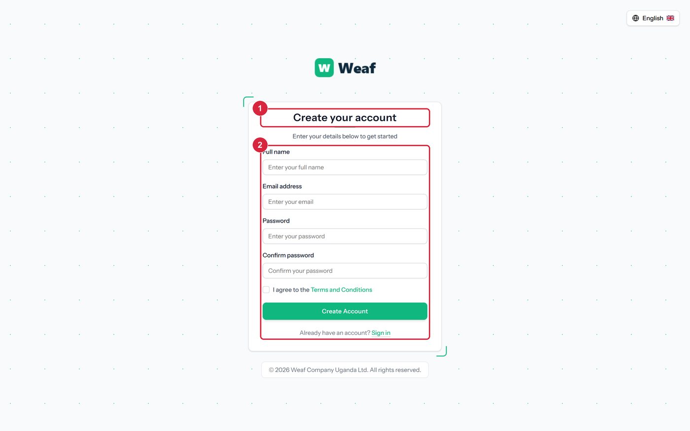 The registration page