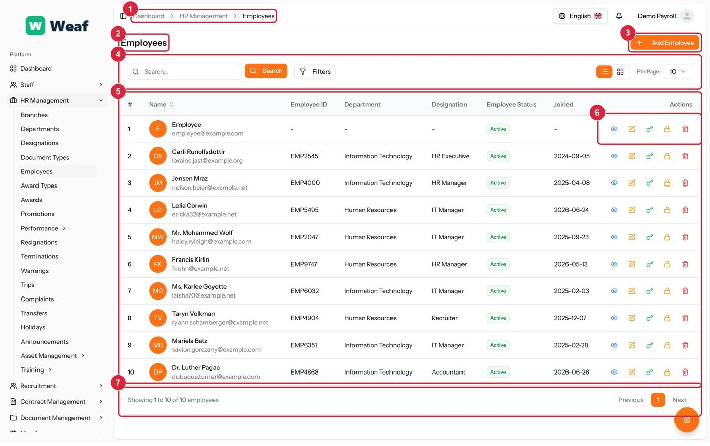 The anatomy of a list page, shown on Employees