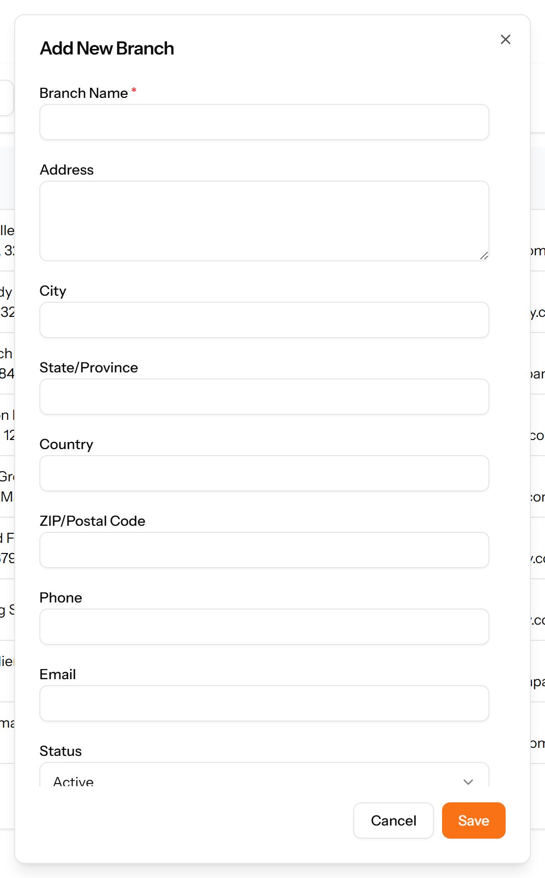 The Add Branch form