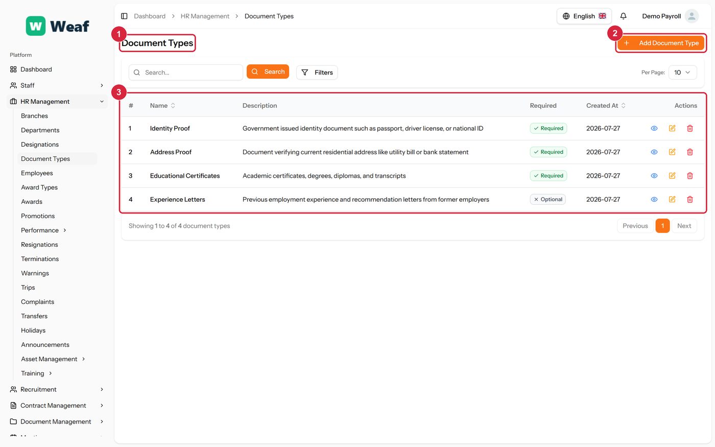 The Document Types page