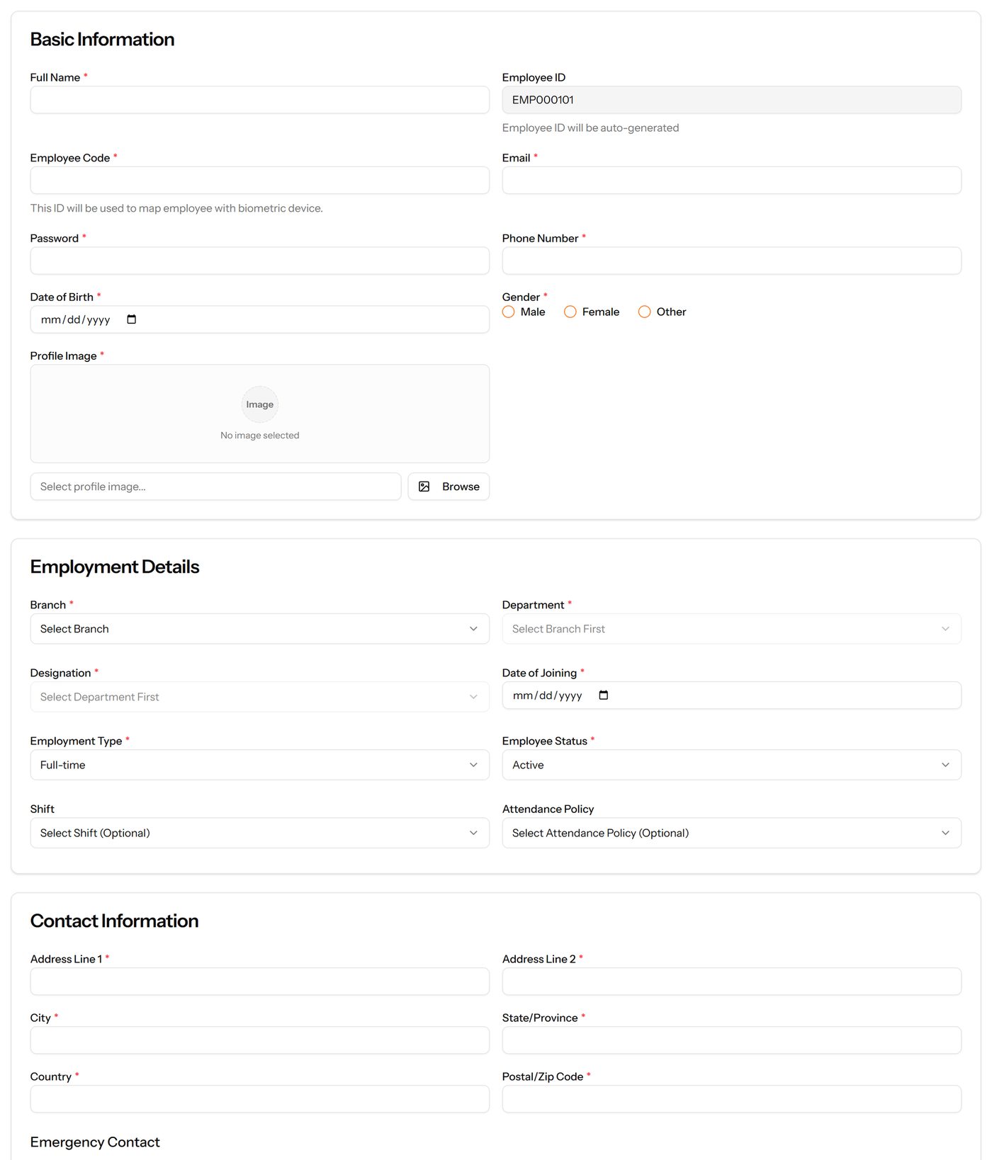 The Add Employee form