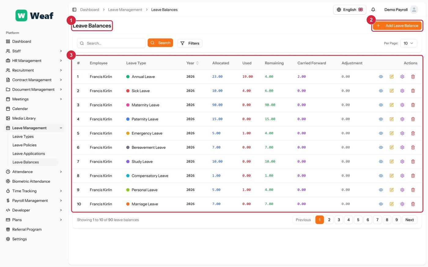 The Leave Balances page