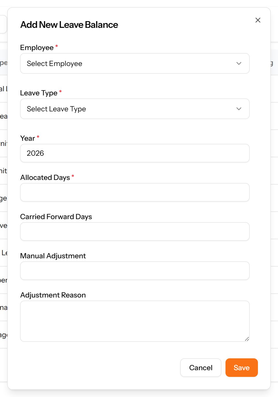 The Add Leave Balance form