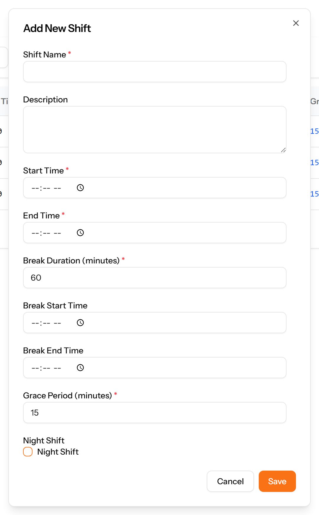 The Add Shift form