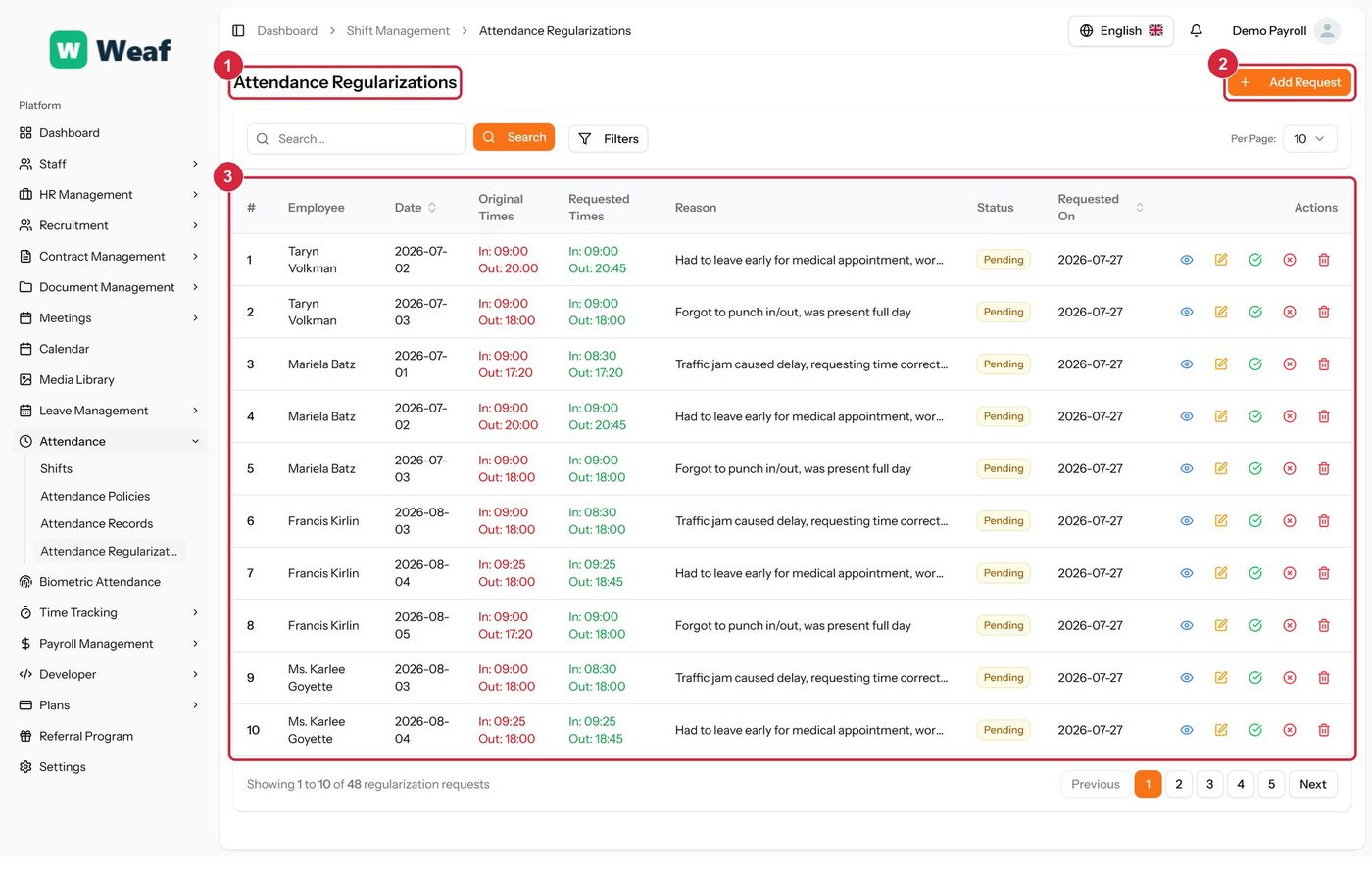The Attendance Regularizations page