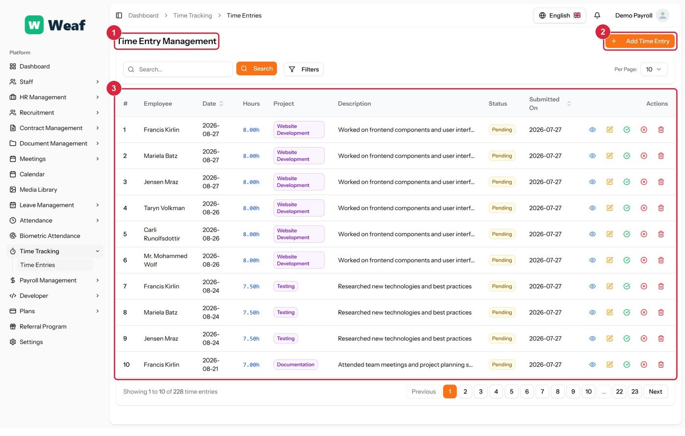 The Time Entries page