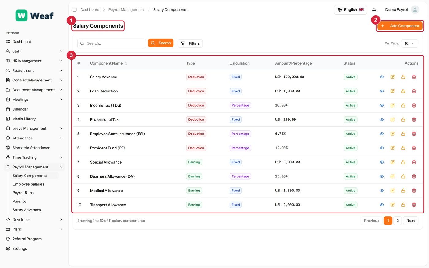The Salary Components page