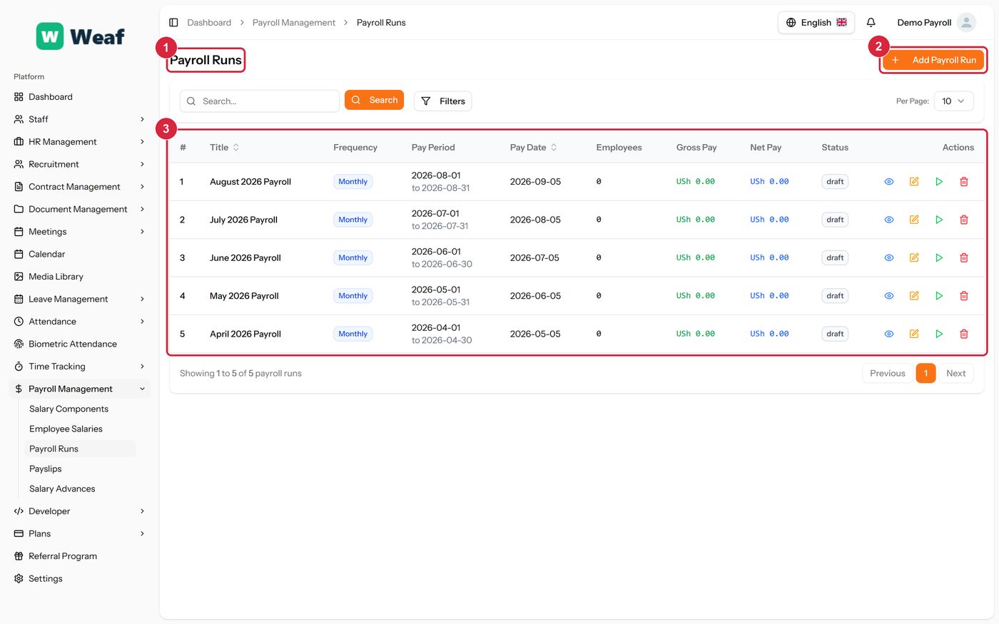 The Payroll Runs page