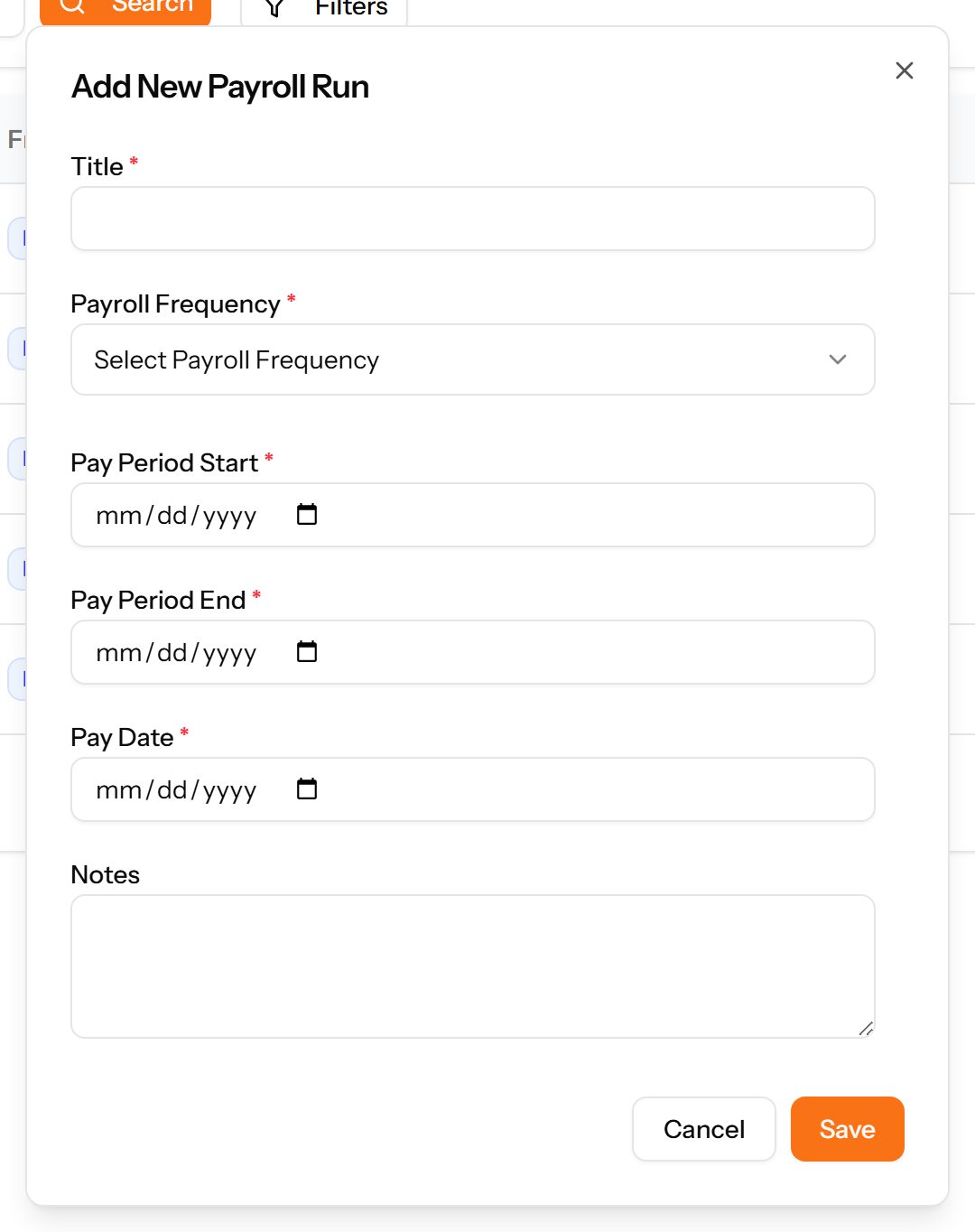 The Add Payroll Run form