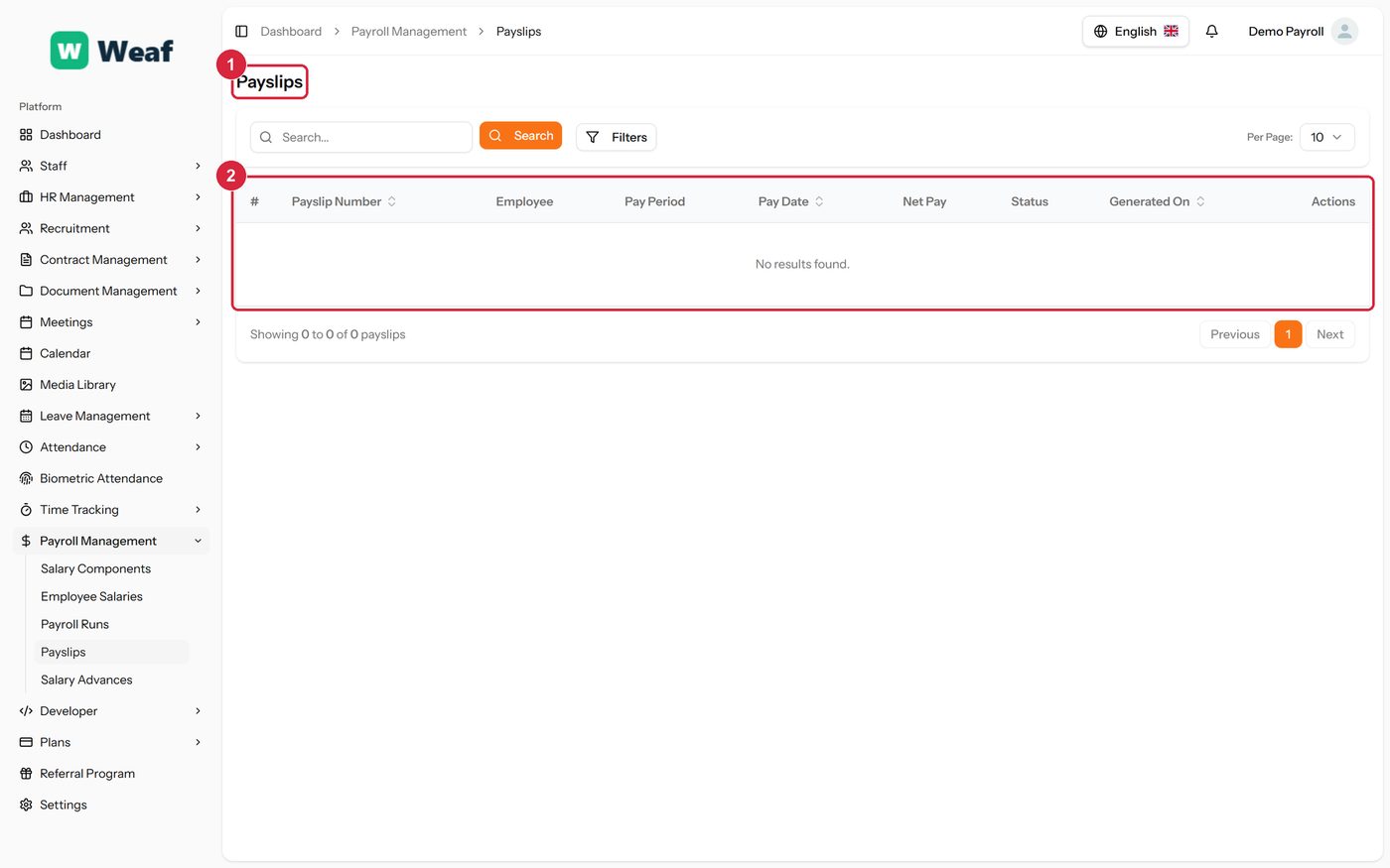 The Payslips page