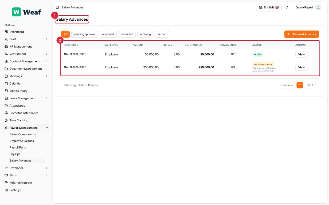 The Salary Advances page