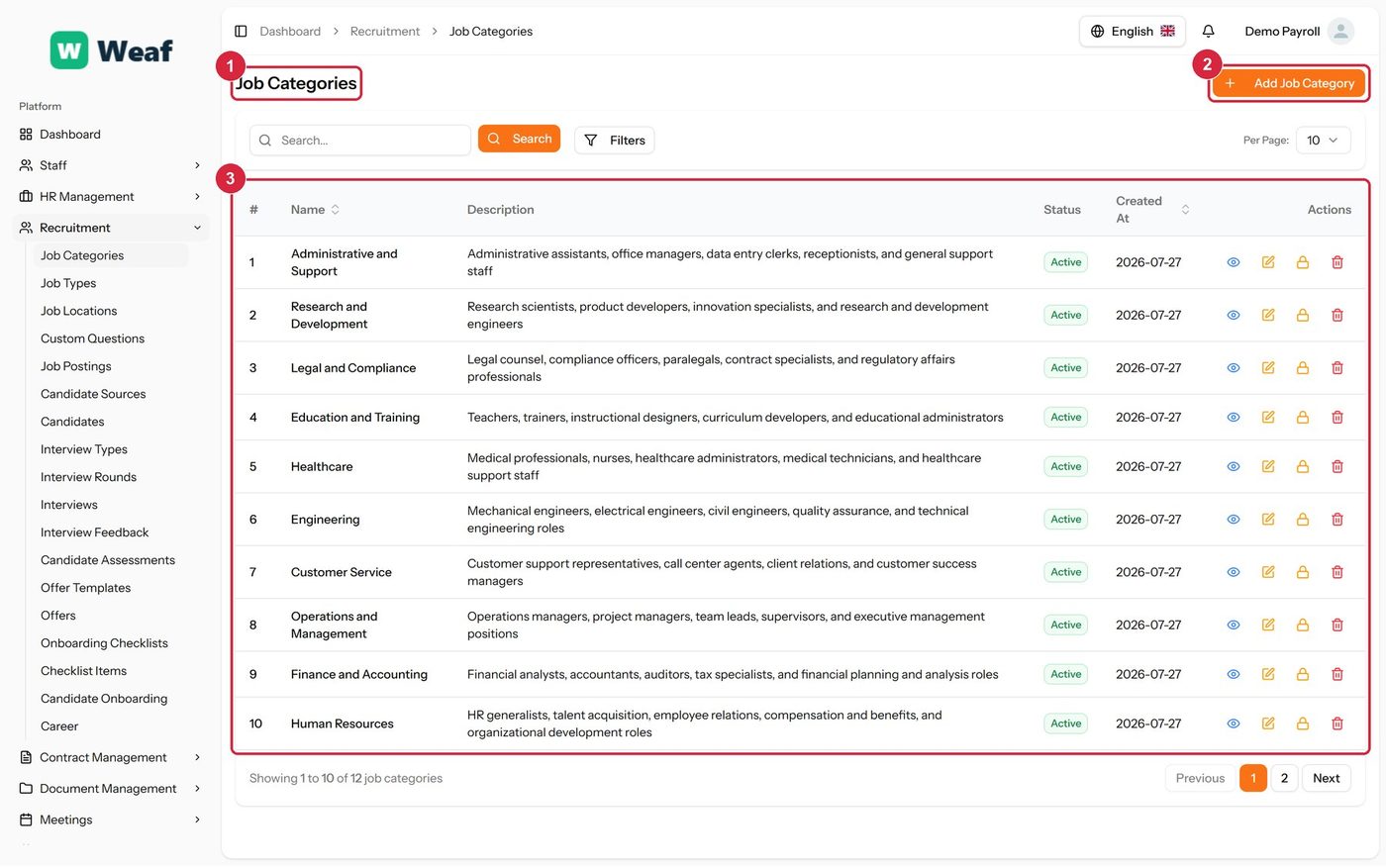 The Job Categories page
