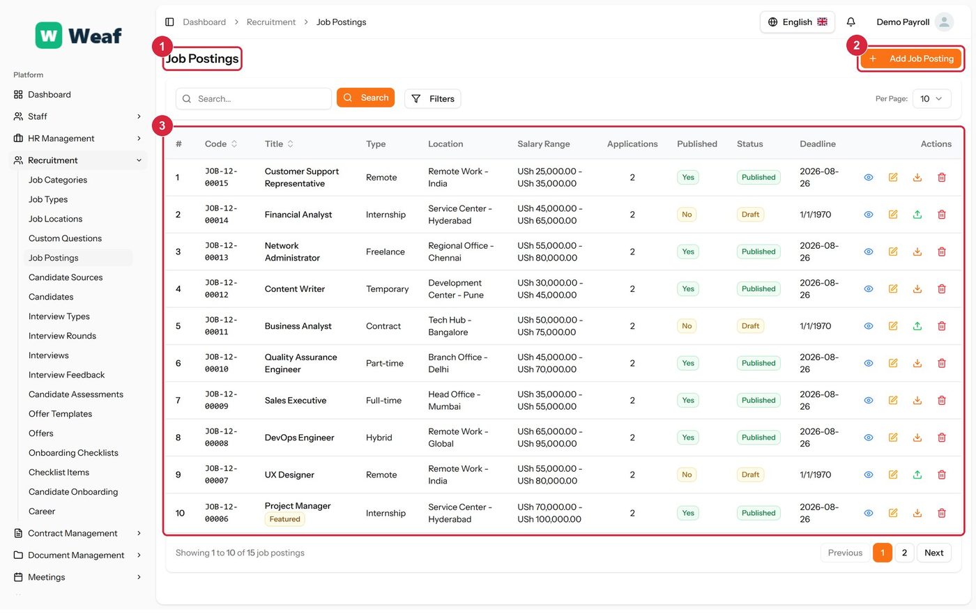 The Job Postings page