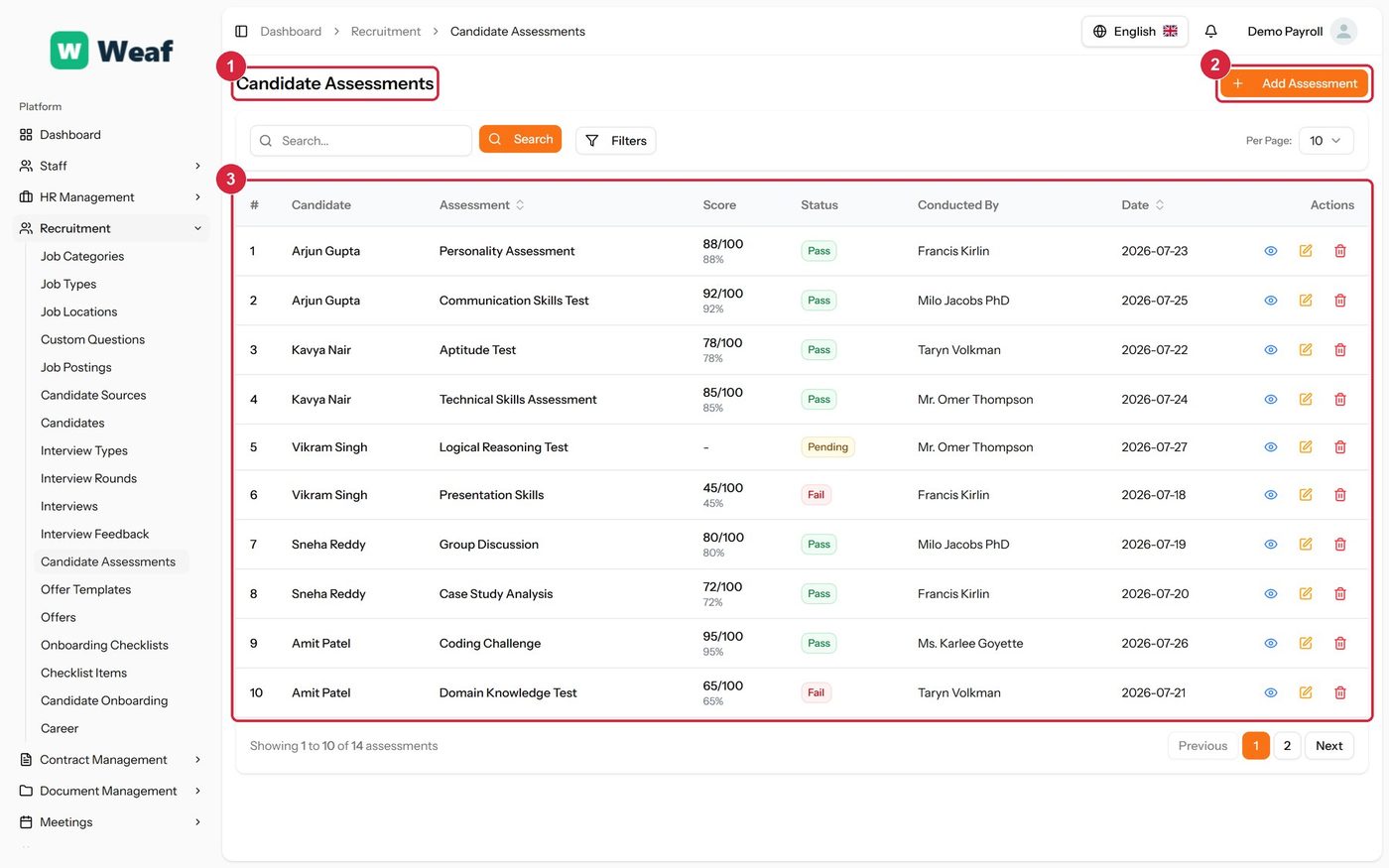 The Candidate Assessments page