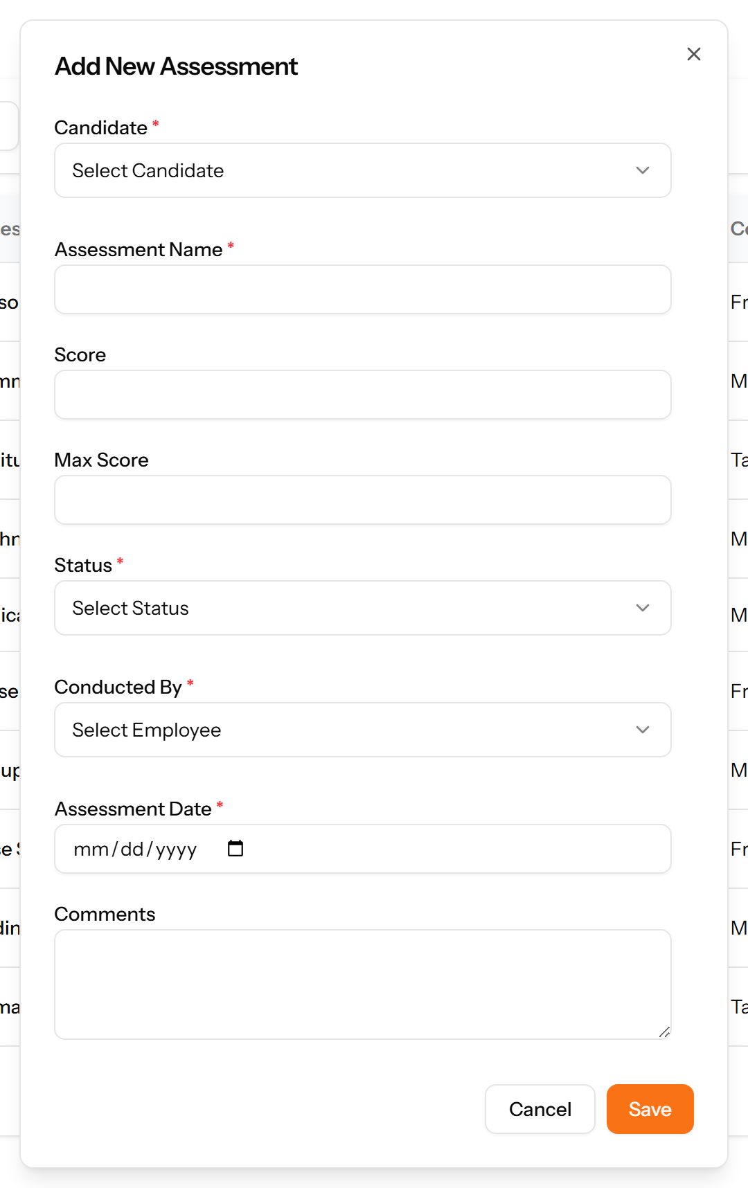 The Add Assessment form