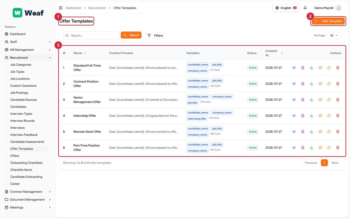 The Offer Templates page