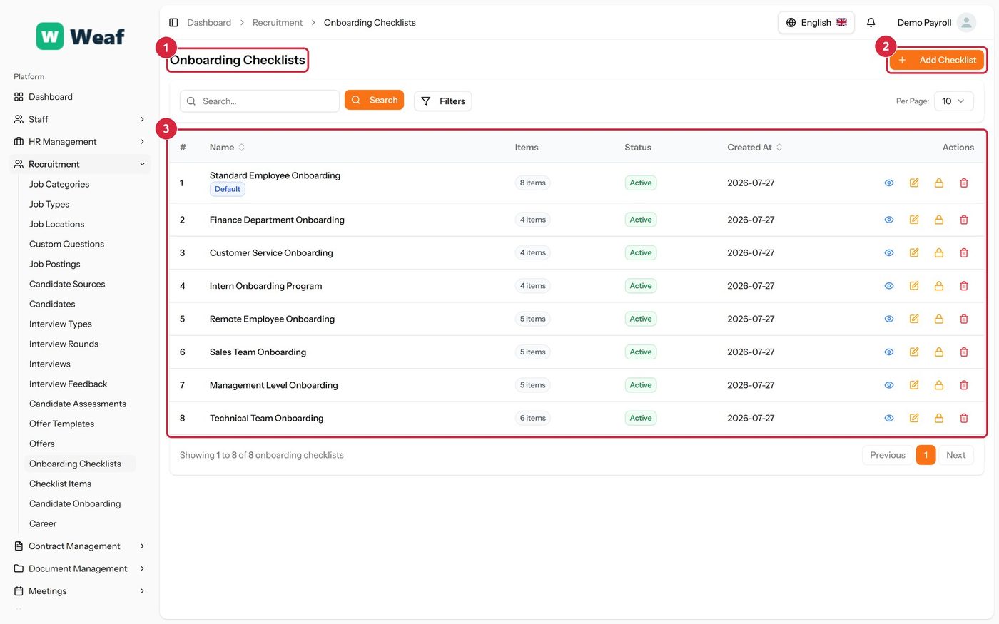 The Onboarding Checklists page