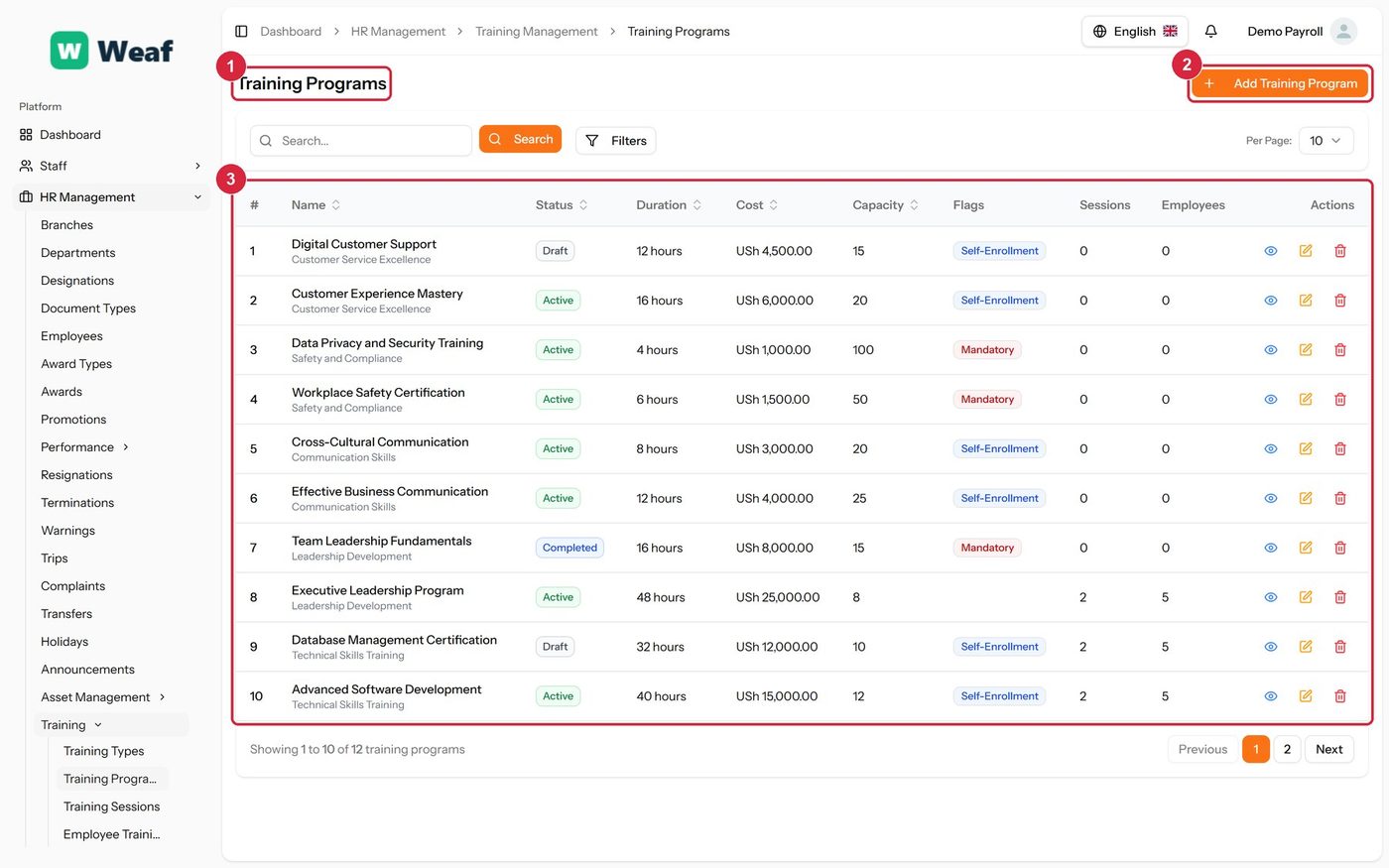 The Training Programs page