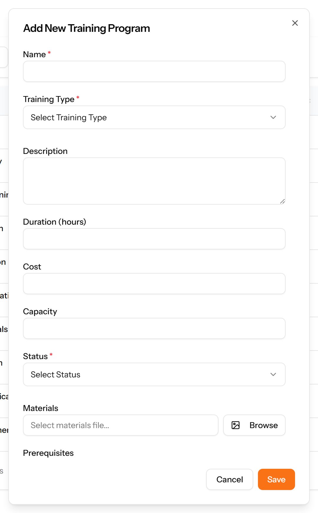 The Add Training Program form