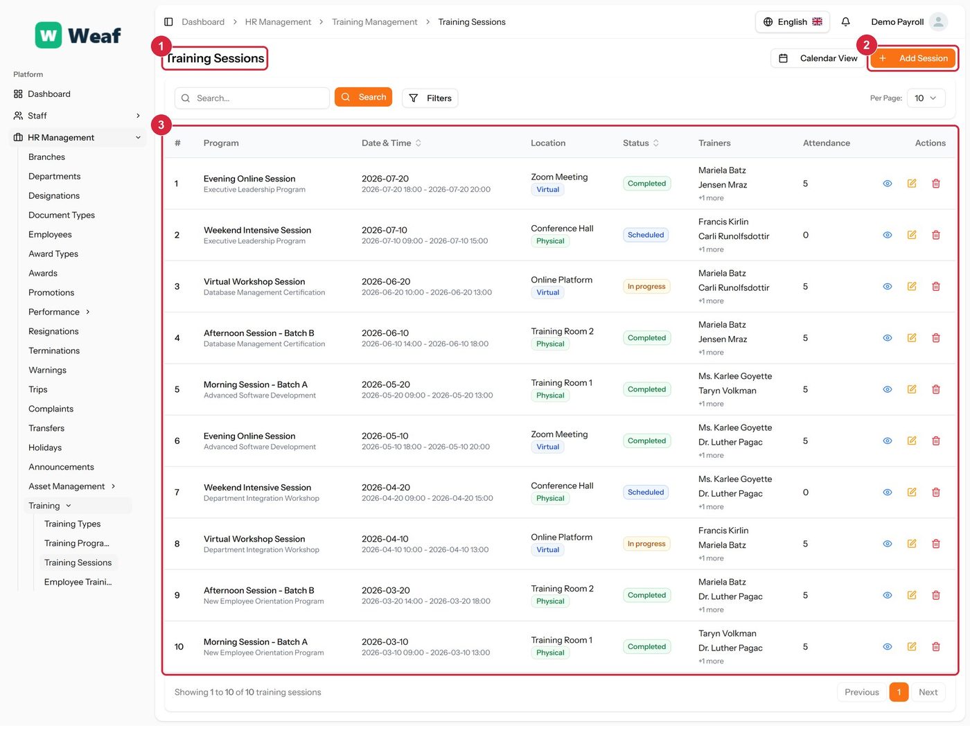 The Training Sessions page