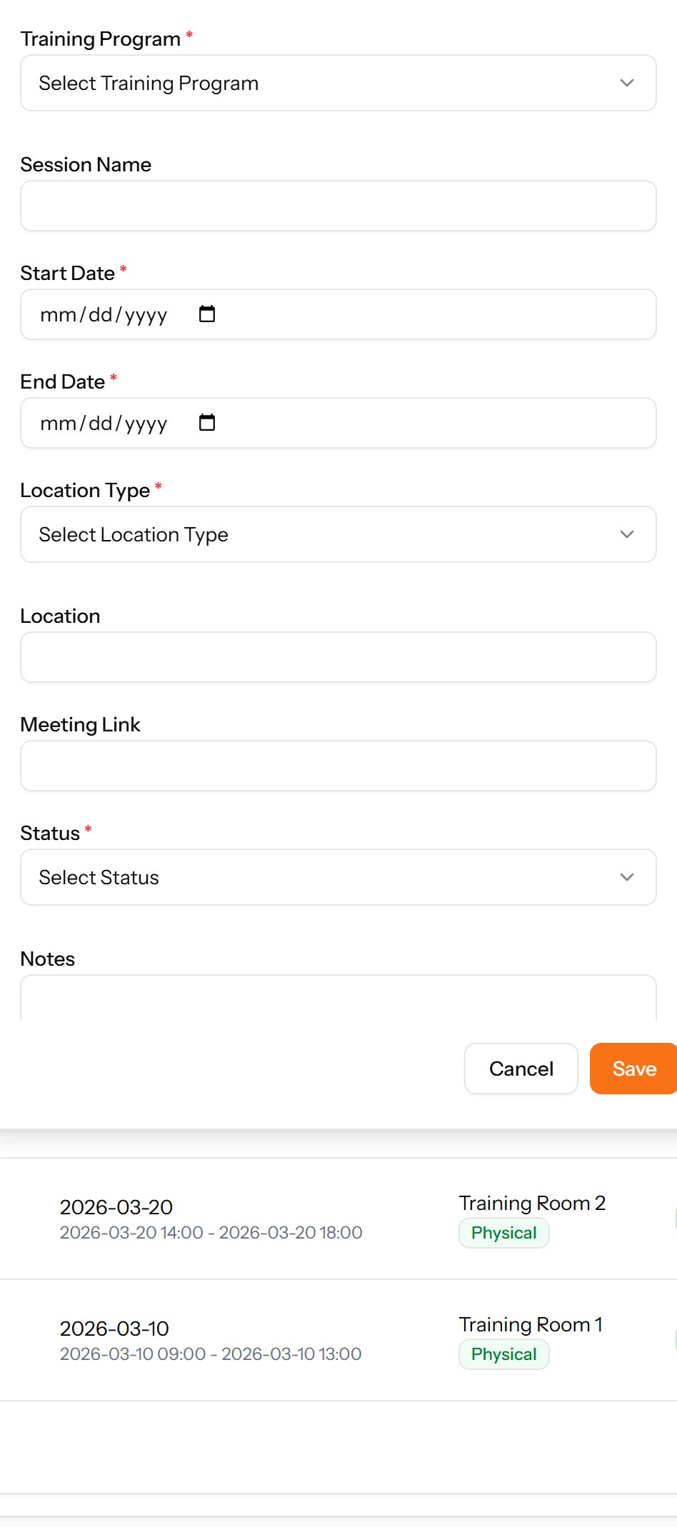 The Add Session form