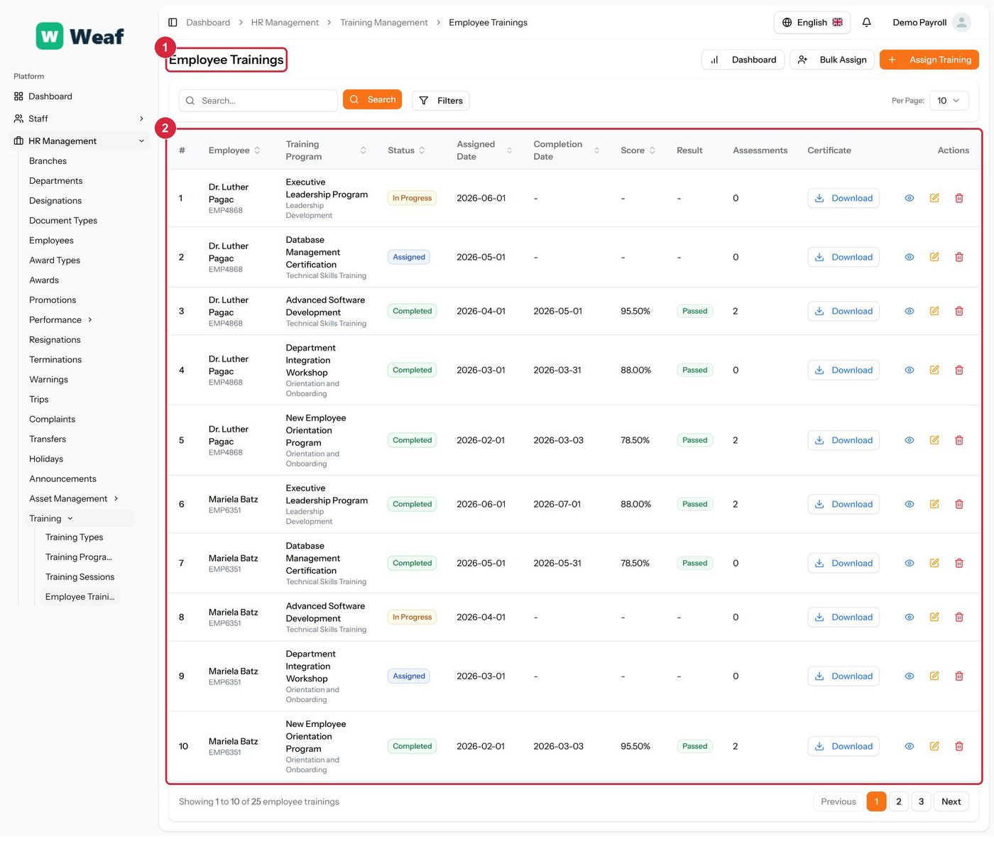 The Employee Trainings page