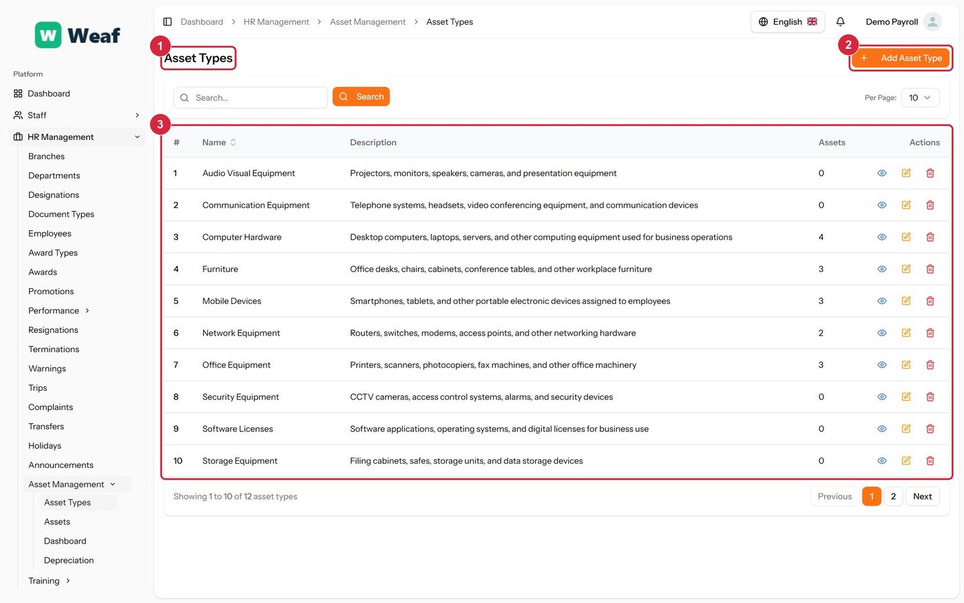 The Asset Types page