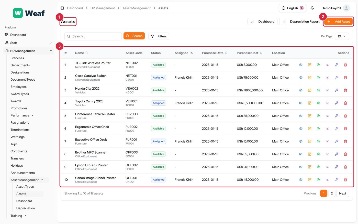 The Assets page