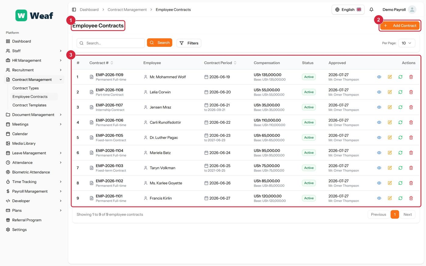 The Employee Contracts page