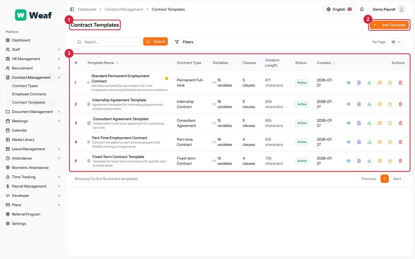 The Contract Templates page