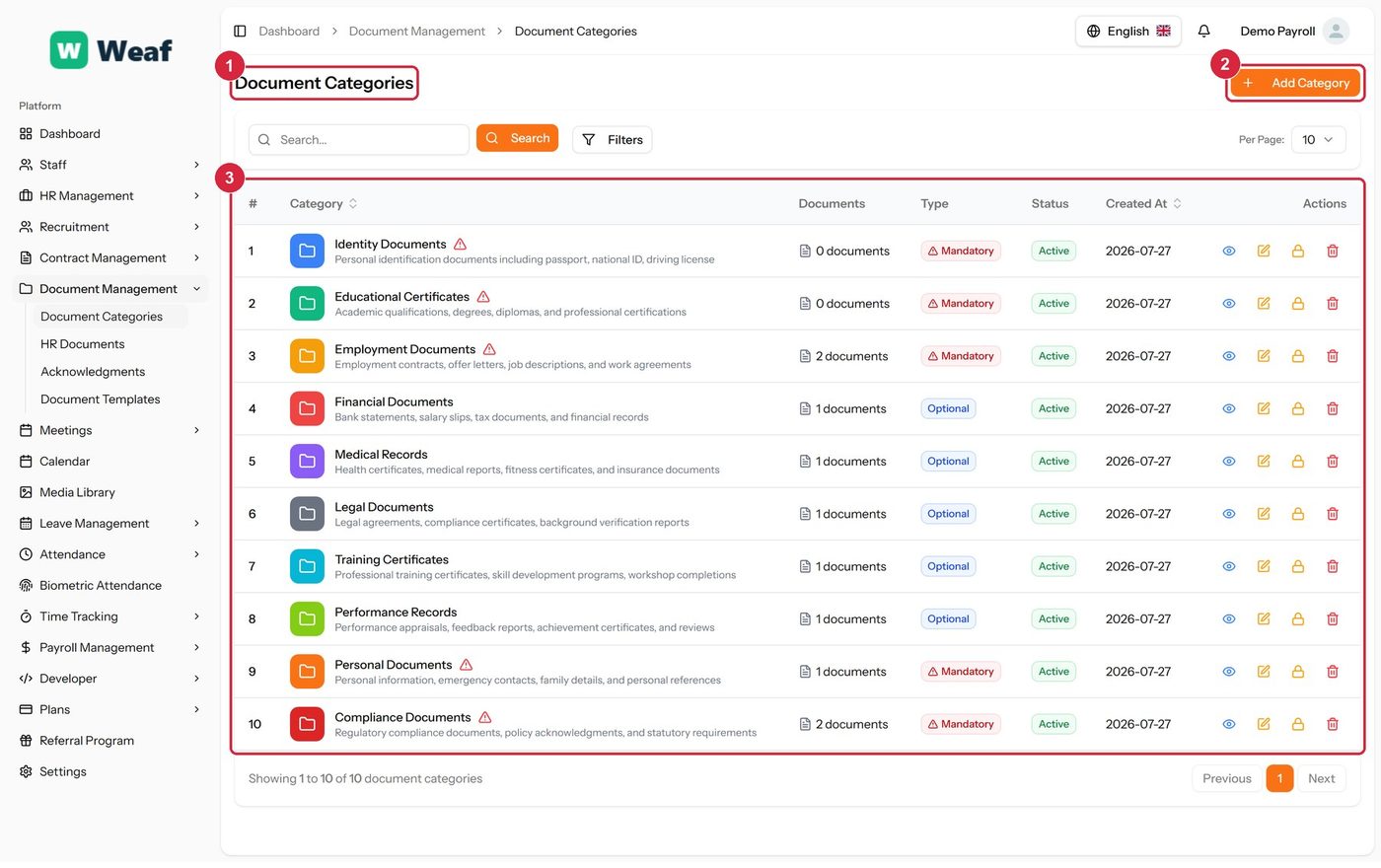 The Document Categories page
