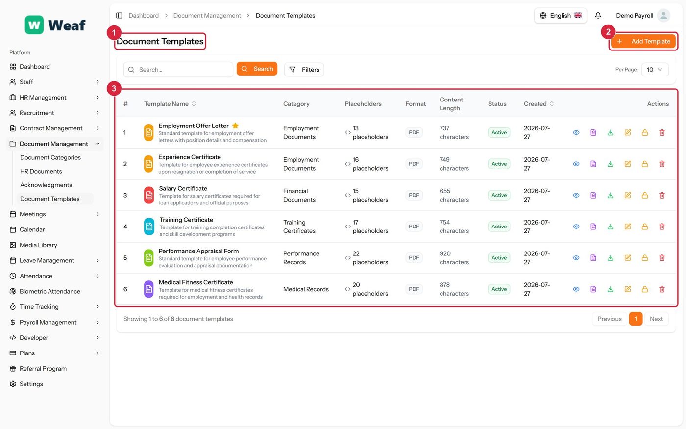 The Document Templates page