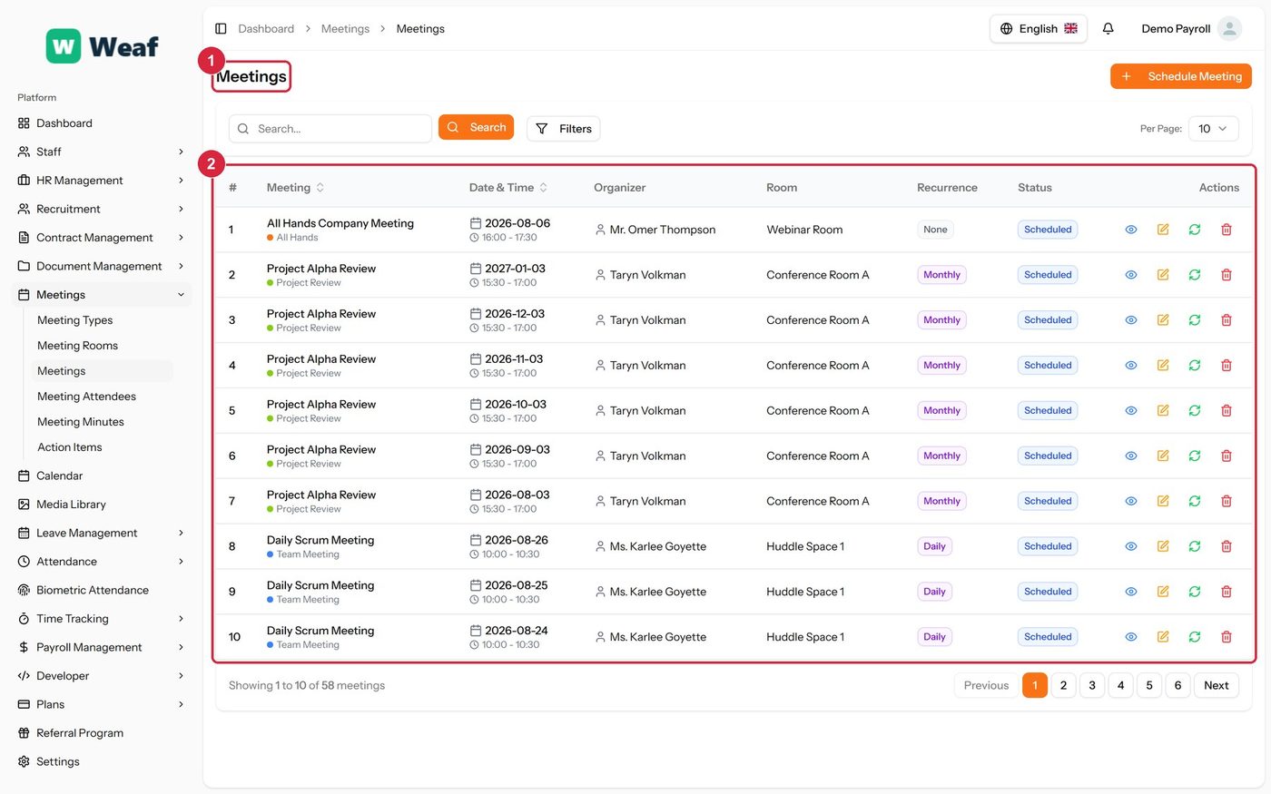 The Meetings page
