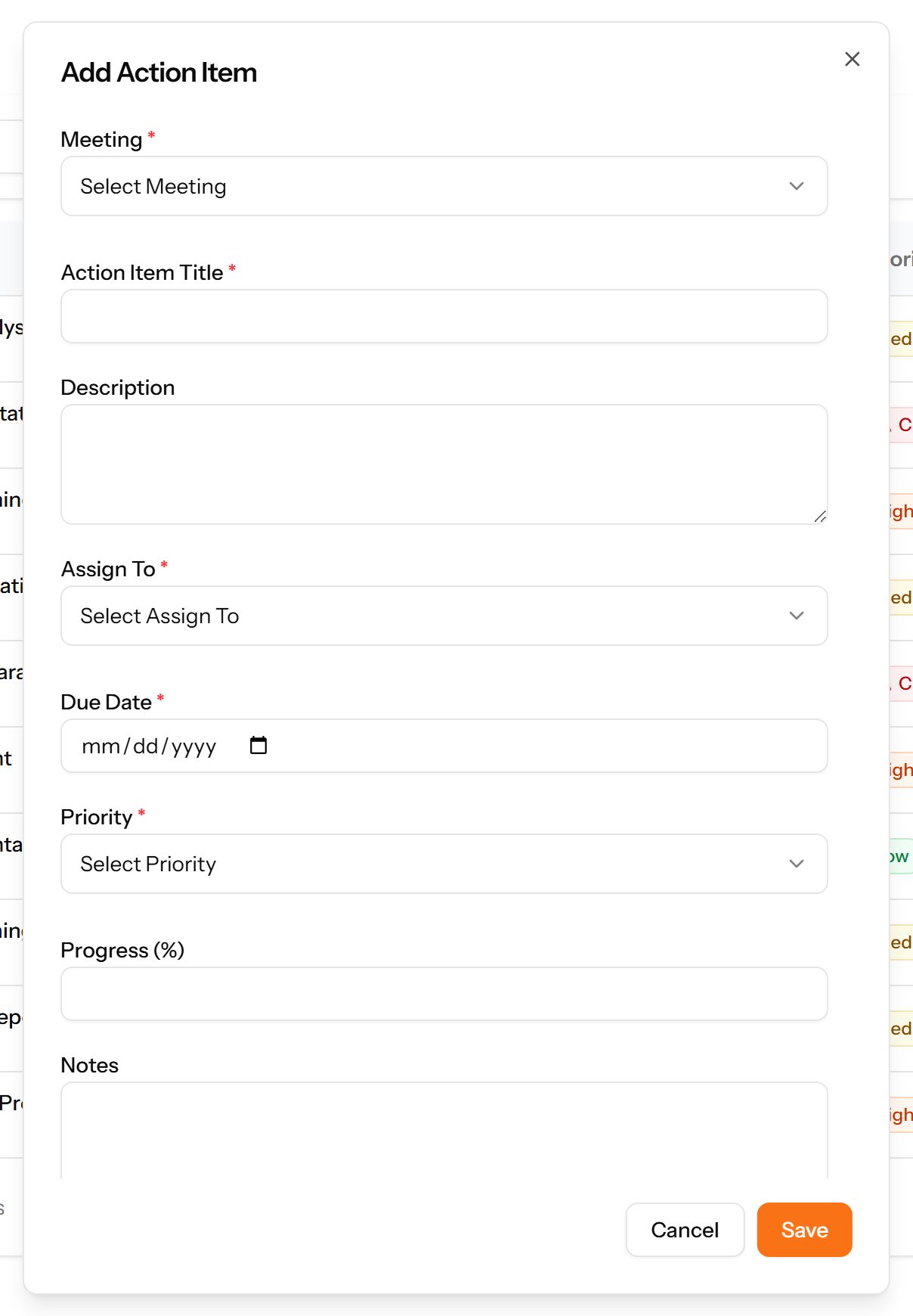 The Add Action Item form