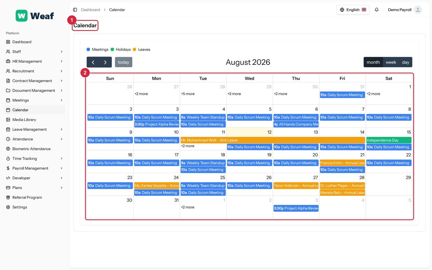 The Calendar page