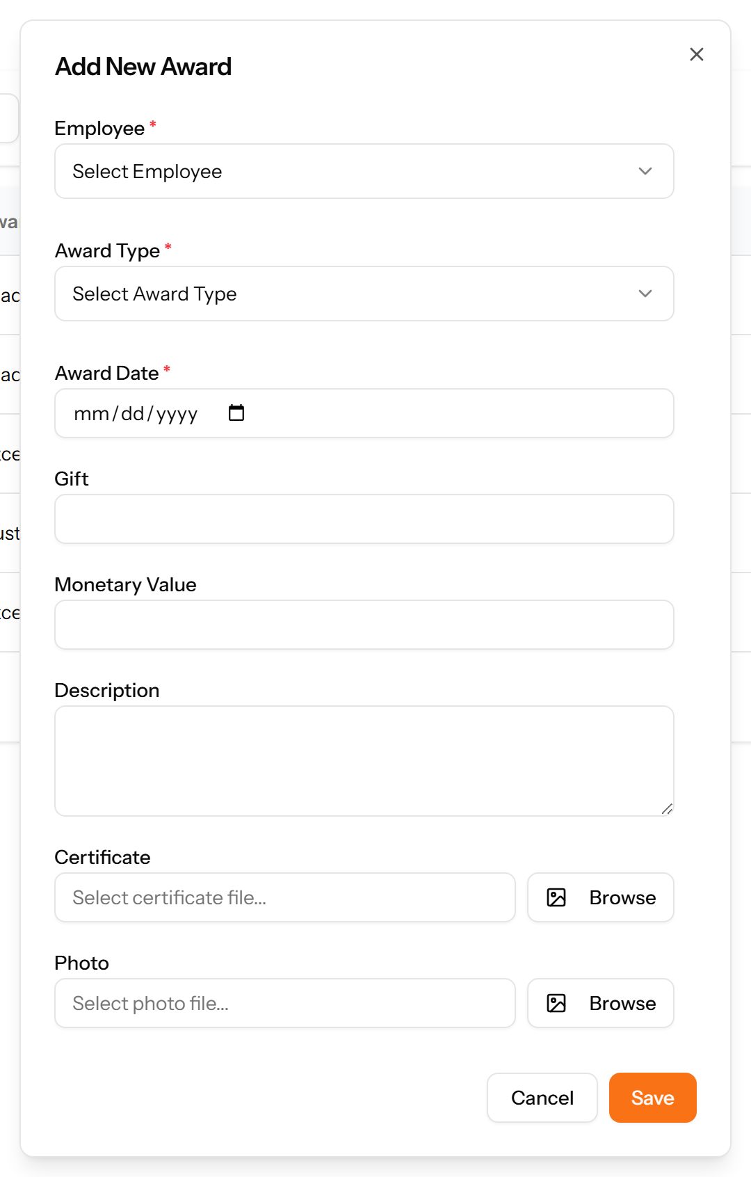 The Add Award form