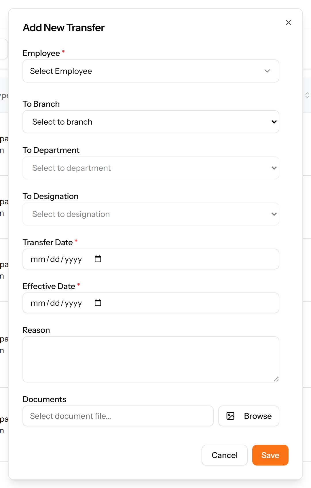 The Add Transfer form