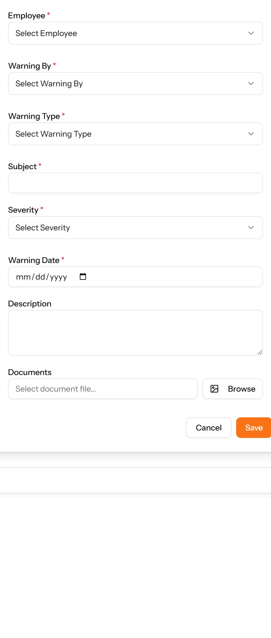 The Add Warning form