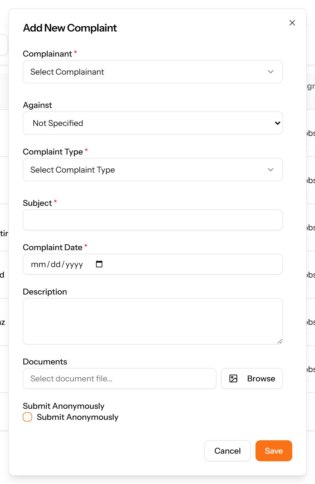 The Add Complaint form