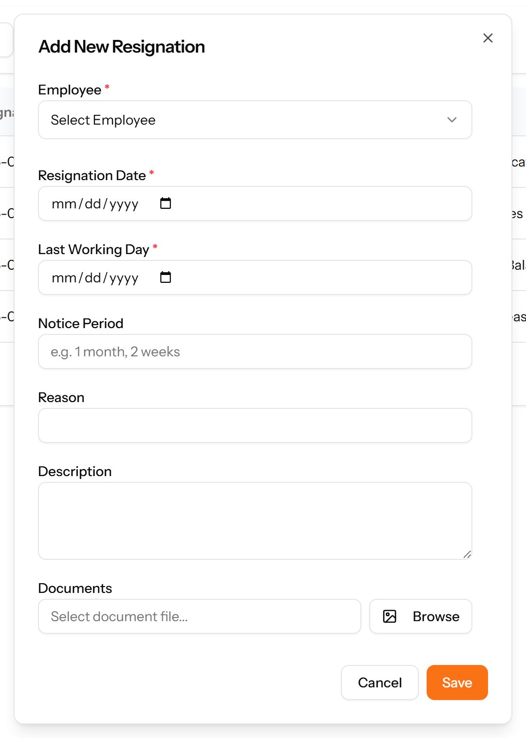 The Add Resignation form