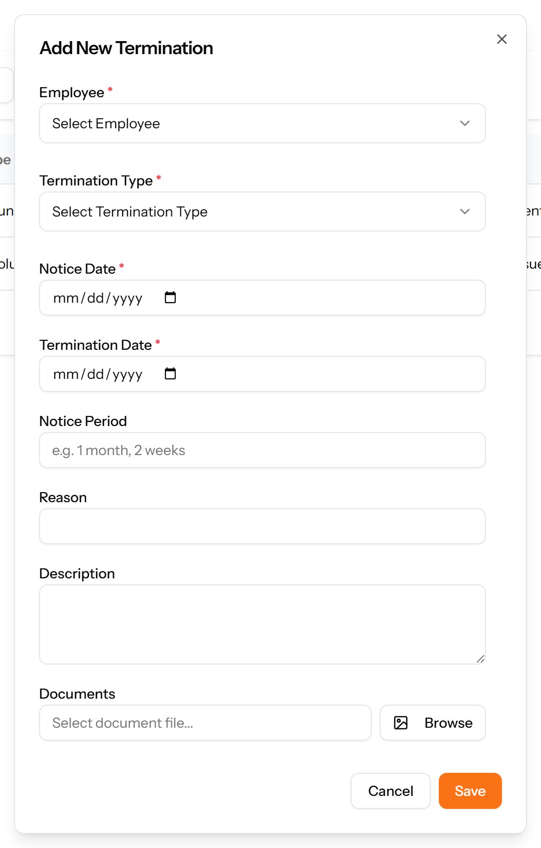 The Add Termination form