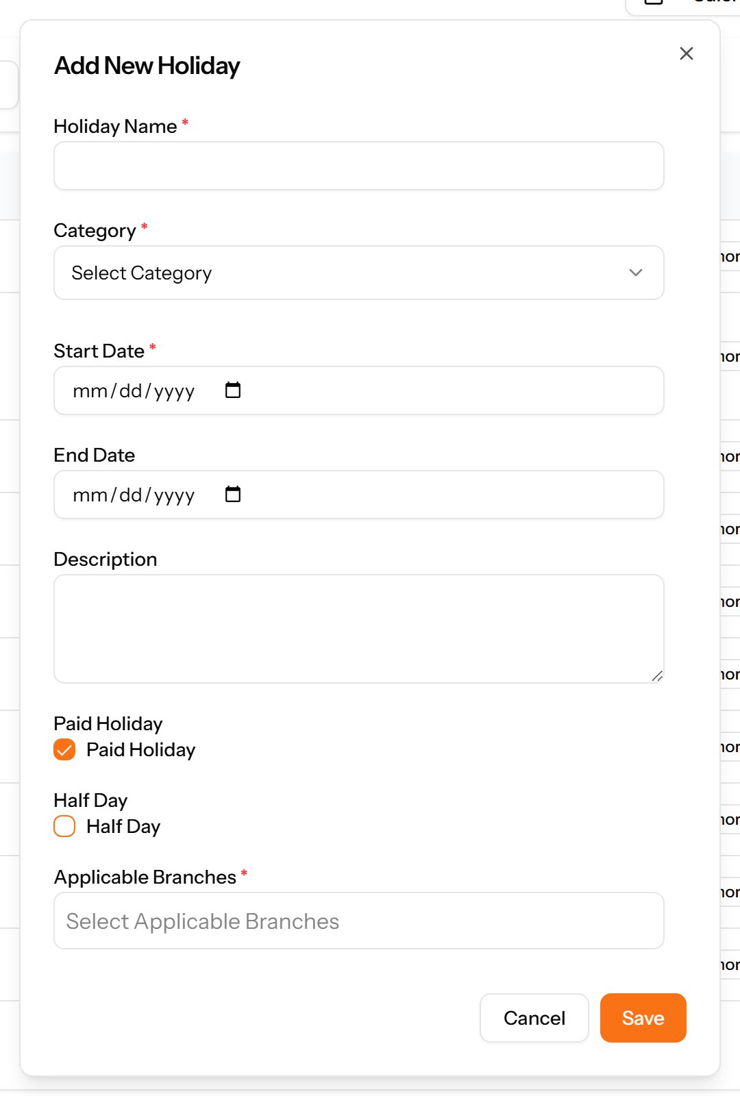The Add Holiday form