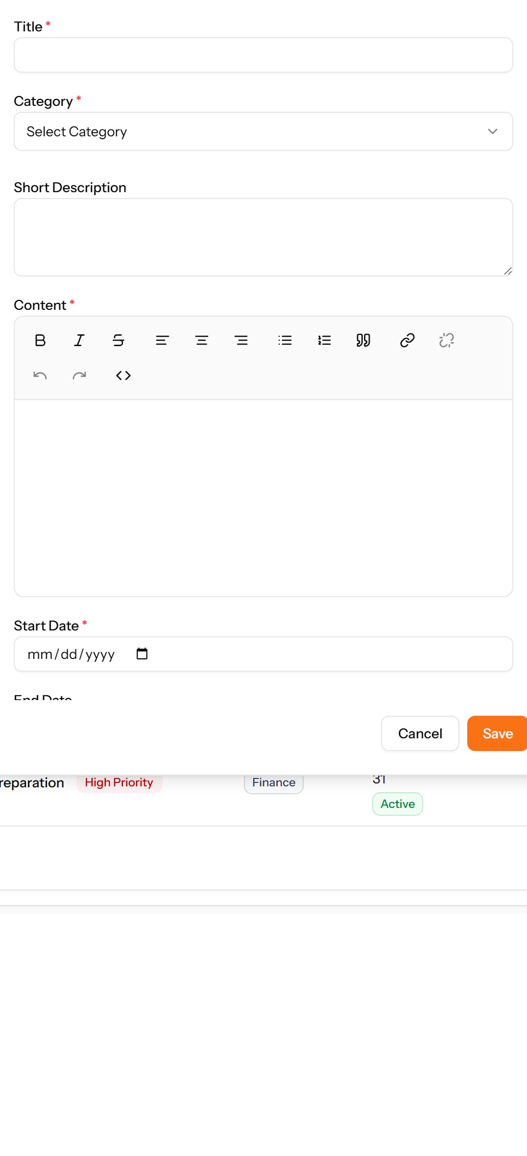 The Add Announcement form