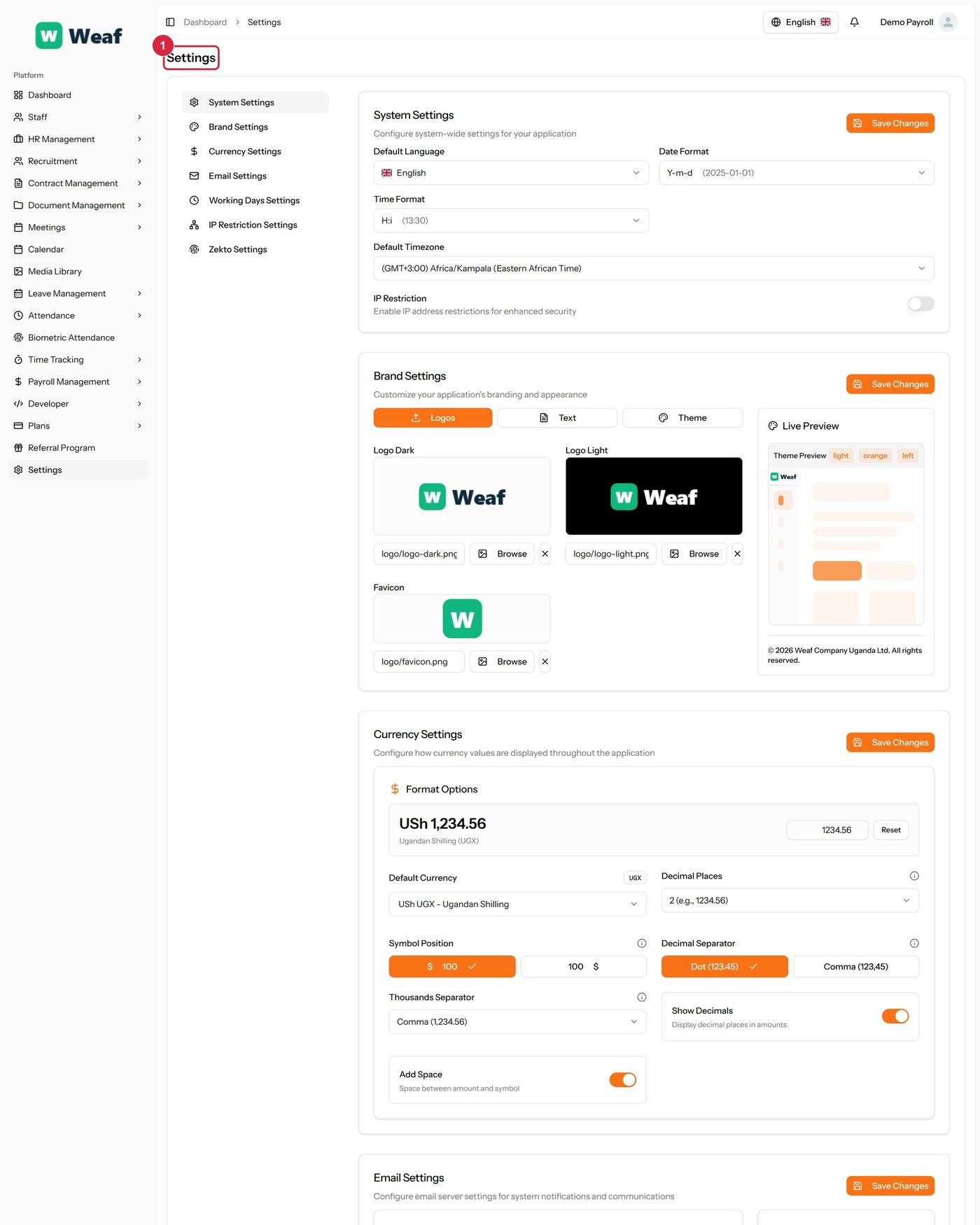The Settings page