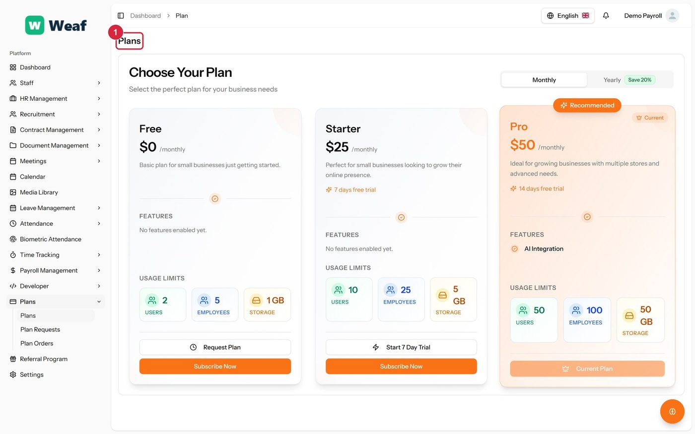 The Plans page
