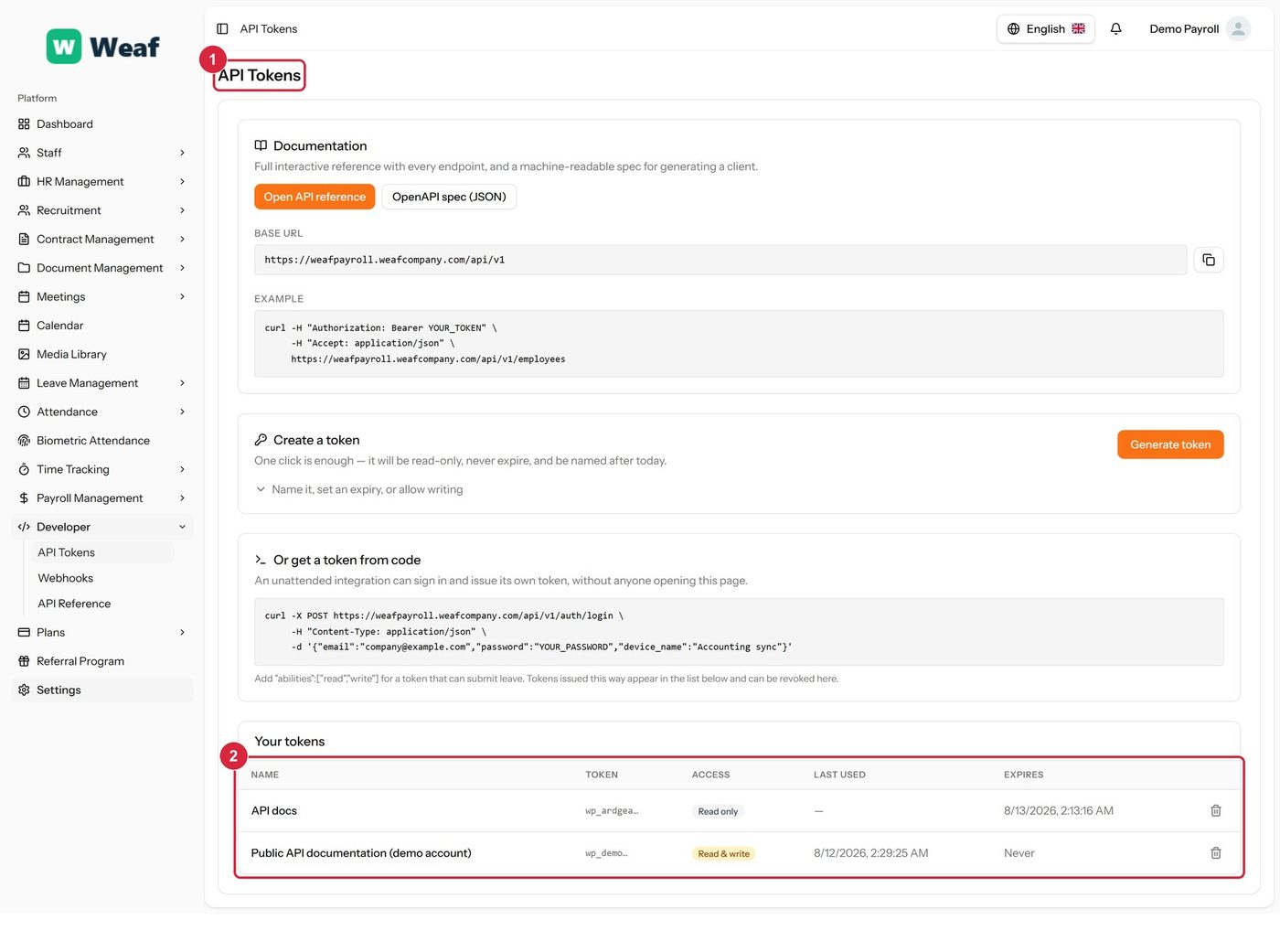 The API Tokens page