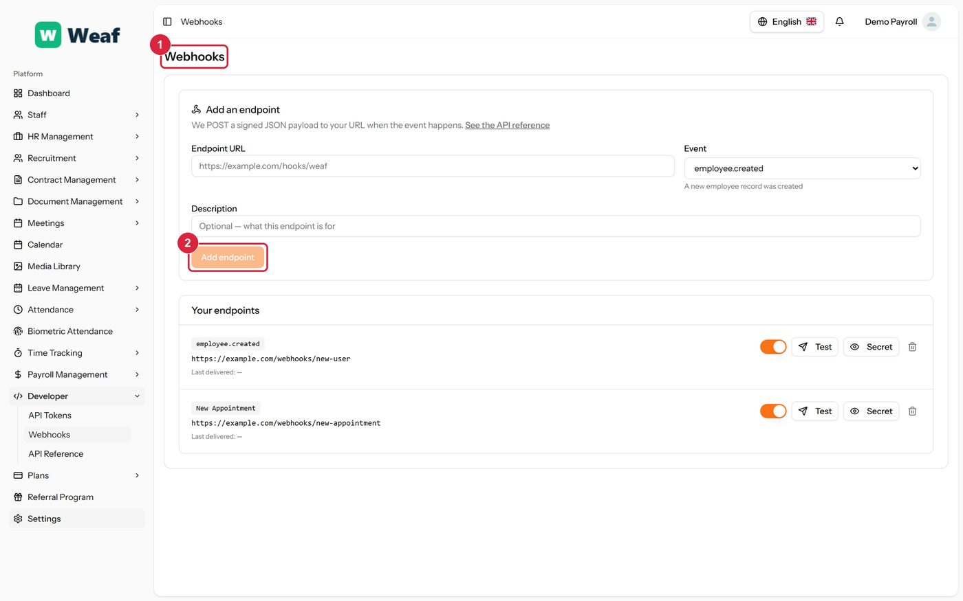 The Webhooks page
